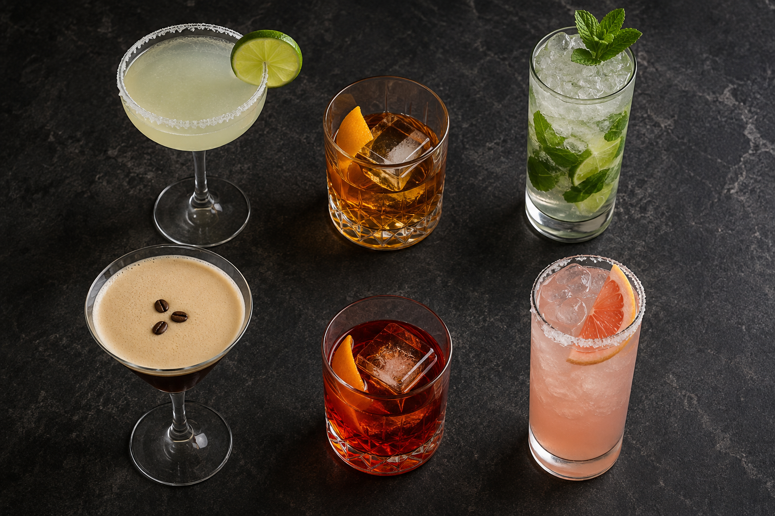 Six classic cocktails arranged on a dark stone bar